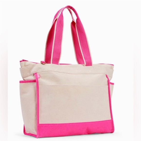 Neon Pink Colorblock Canvas Boat Tote with purple and pink flower embroidered - Picture 2 of 6